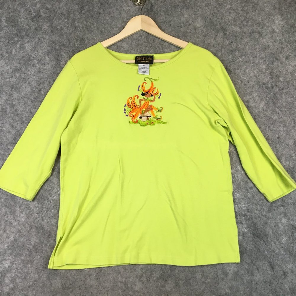Vintage Bob Mackie Shirt M Wearable Art Embroidered Knit Top Mushroom Lilly Girl